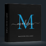 Elegant Monogram Black Bright Blue Office School 3 Ring Binder<br><div class="desc">Elegant Monogram Black Bright Blue White Script Name Home Office Professional Work Back to School Recipe 3 ring binder</div>
