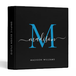 Elegant Monogram Black Bright Blue Office School 3 Ring Binder