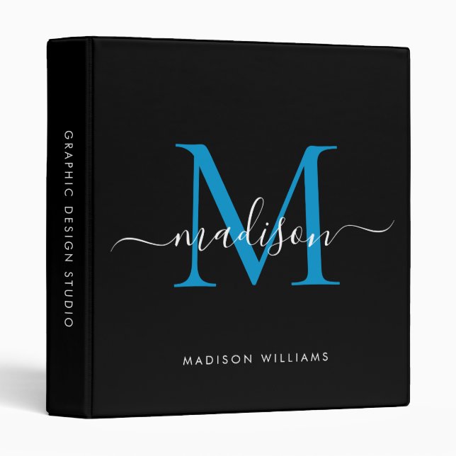 Elegant Monogram Black Bright Blue Office School 3 Ring Binder (Front/Spine)