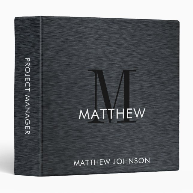 Elegant Monogram Black Brushed Metal Modern Office 3 Ring Binder (Front/Spine)