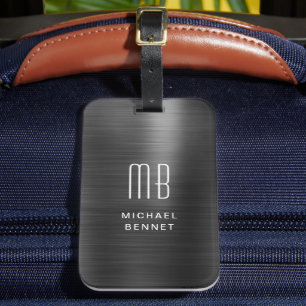 Elegant Monogram Black Brushed Metallic Luggage Tag