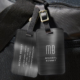 Elegant Monogram Black Brushed Metallic  Luggage Tag