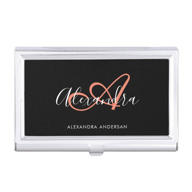Elegant Monogram Black Coral Pink Script Name Business Card Case (Front)