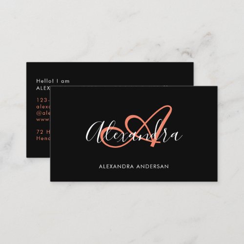 Elegant Monogram Black Coral Script Name Business Card
