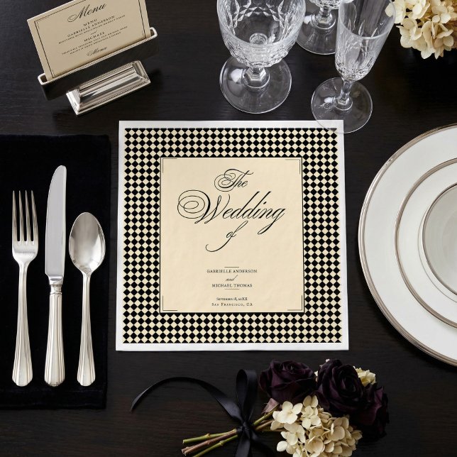 Elegant Monogram Black Cream Checkerboard Napkins (Creator Uploaded)