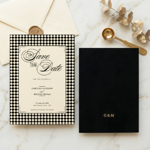 Elegant Monogram Black Cream Checkerboard Save The Date