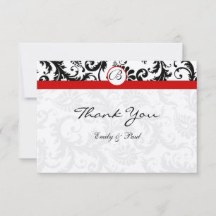 Elegant Monogram Black Damask Red Trim Wedding Note Card