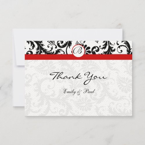 Elegant Monogram Black Damask Red Trim Wedding Note Card