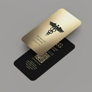 Elegant Monogram Black Faux Gold Caduceus Medical Business Card