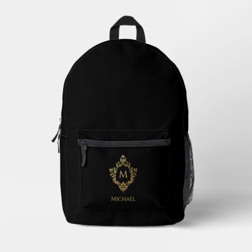 Elegant Monogram Black Faux Gold Crest Custom Name Printed Backpack