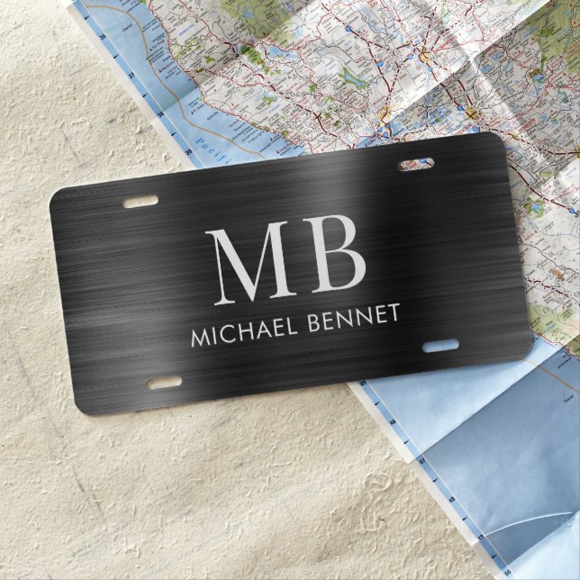Elegant Monogram Black Faux Metallic License Plate (In Situ)