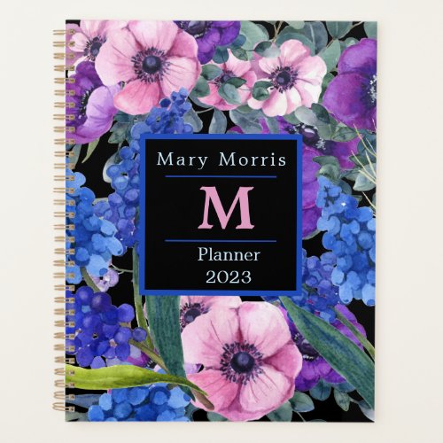 Elegant Monogram Black Floral in Blue Purple Pink Planner
