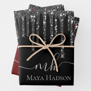 Elegant Monogram Black Glitter Drips Wrapping Paper Sheets