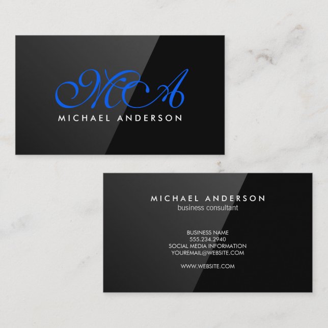 Elegant Monogram | Black Gloss Business Card (Front/Back)