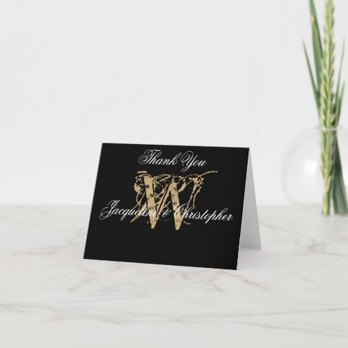 Elegant Monogram Black Gold Blank Wedding Folded   Thank You Card