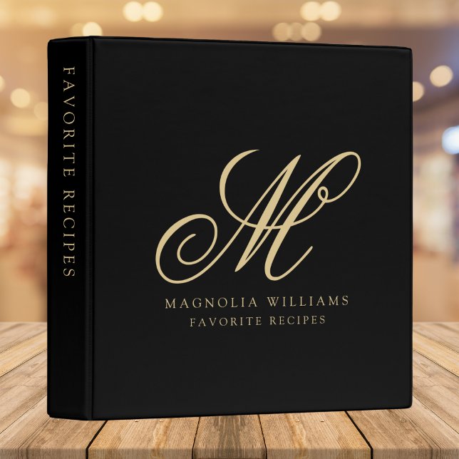 Elegant Monogram Black Gold Calligraphy Recipe 3 Ring Binder (Creator Uploaded)