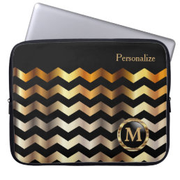 Elegant Monogram Black &amp; Gold Chevron Stripes Laptop Sleeve