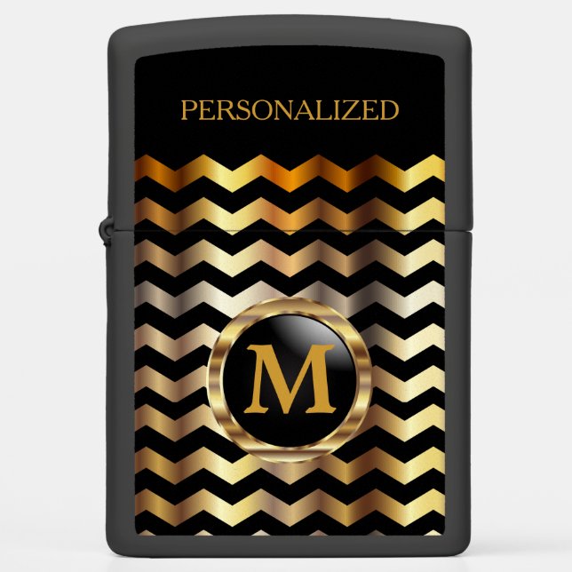 Elegant Monogram Black & Gold Chevron Stripes  Zippo Lighter (Front)