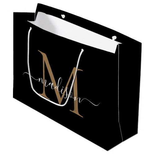 Elegant Monogram Black Gold Elegant Script Name Large Gift Bag