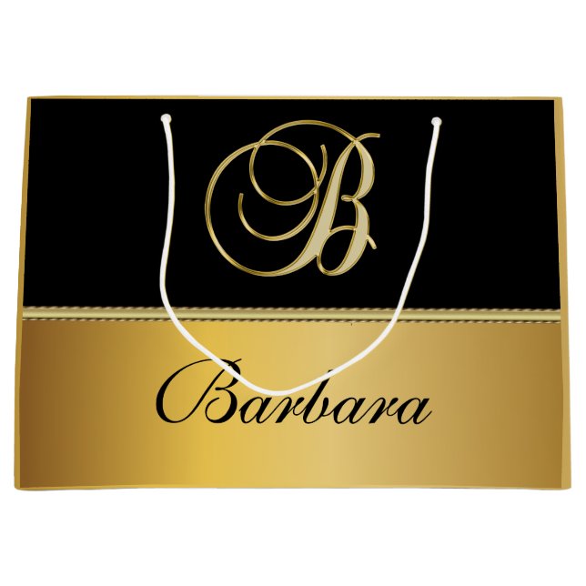 Elegant Monogram Black Gold Elegant Script Name Large Gift Bag (Front)