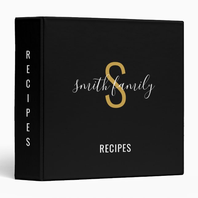 Elegant Monogram Black Gold Family Recipes 3 Ring Binder (Front/Spine)