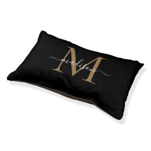 Elegant Monogram Black Gold Feminine Girly Script Pet Bed