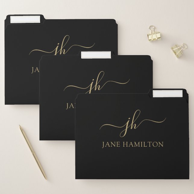 Elegant Monogram Black Gold File Folder (Set)