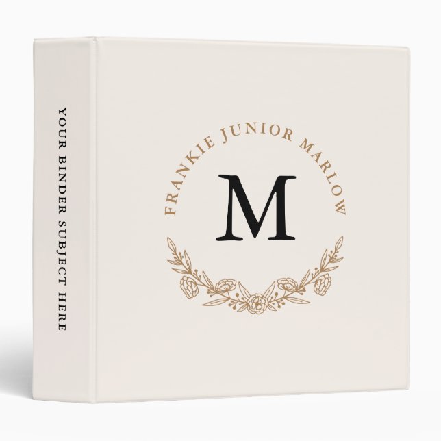 Elegant Monogram Black Gold Floral Office School 3 Ring Binder (Front/Spine)