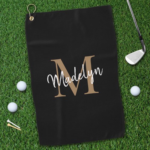 Elegant Monogram Black Gold Girly Script Name Golf Towel