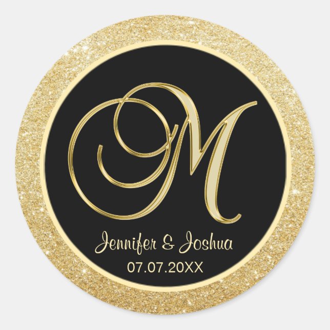 Elegant Monogram Black Gold Glitter Wedding Seals (Front)