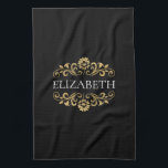 Elegant Monogram Black Gold Kitchen Towel<br><div class="desc">An elegant and chic black and gold flourish monogram kitchen towel. Add your name between the gold floral flourish on the front. Designed for you by Blackberry Boulevard.</div>