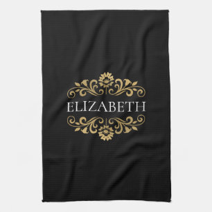 Elegant Monogram Black Gold Kitchen Towel