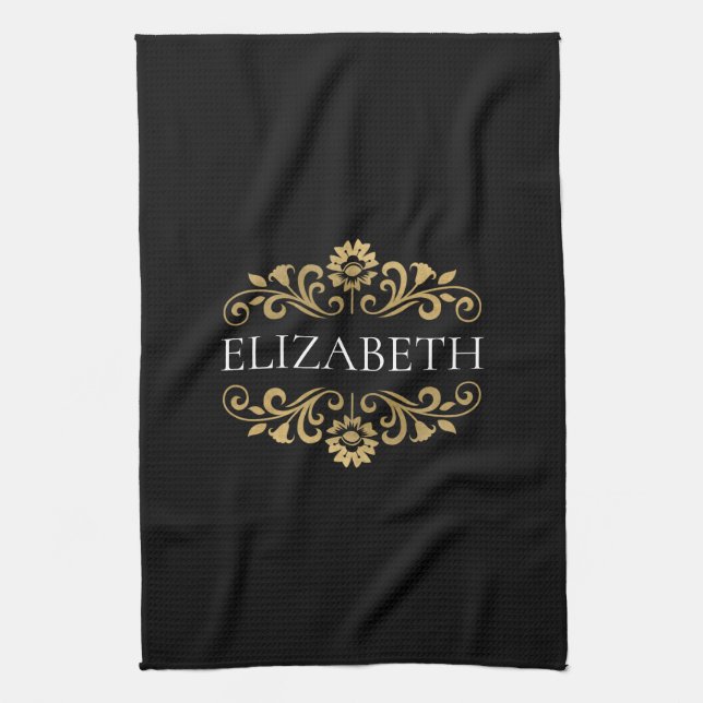 Elegant Monogram Black Gold Kitchen Towel (Vertical)