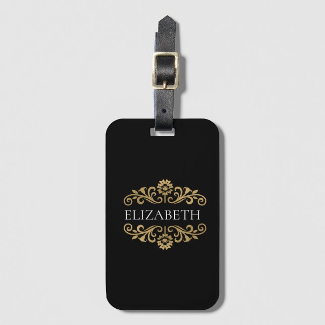 Elegant Monogram Black Gold Luggage Tag (Front Vertical)