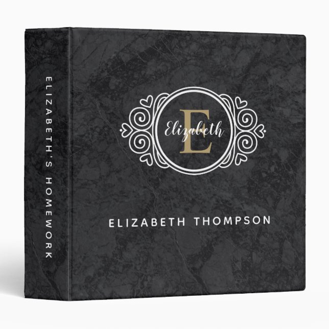 Elegant Monogram Black Gold Marble Homework 3 Ring Binder (Front/Spine)
