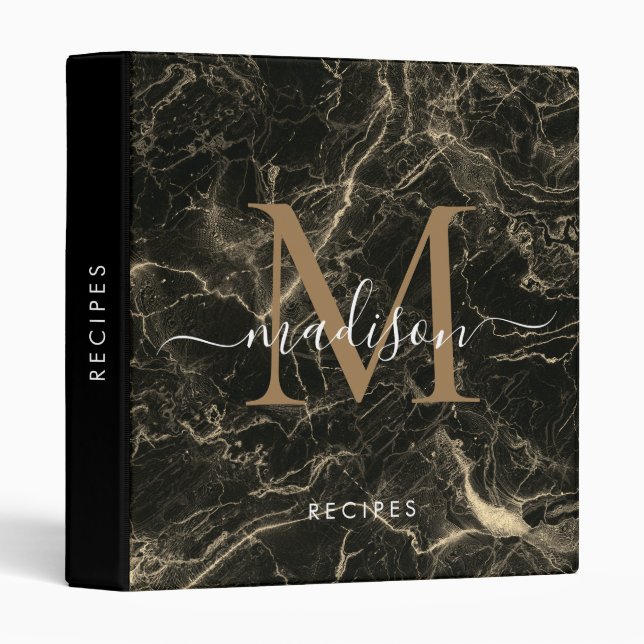 Elegant Monogram Black Gold Marble Script Recipe 3 Ring Binder (Front/Spine)