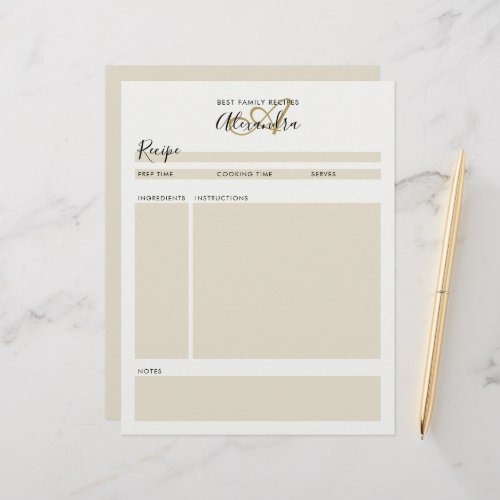 Elegant Monogram Black Gold Modern Recipe Sheet