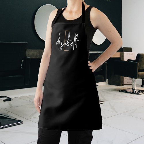 Elegant Monogram Black Gold Modern Salon Apron