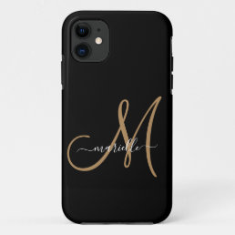 Elegant Monogram Black Gold Name  iPhone 11 Case