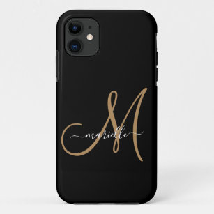 Elegant Monogram Black Gold Name  iPhone 11 Case