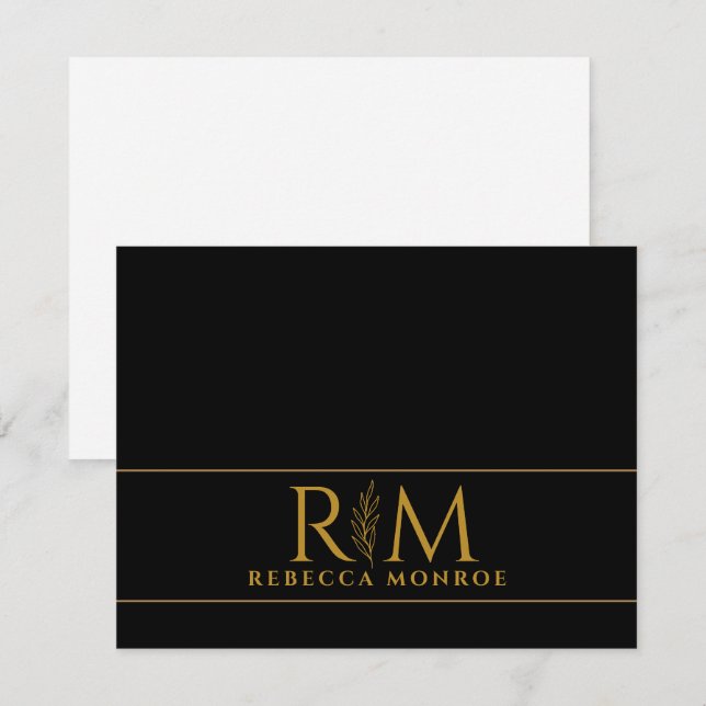 Elegant Monogram Black Gold Name Note Card (Front/Back)