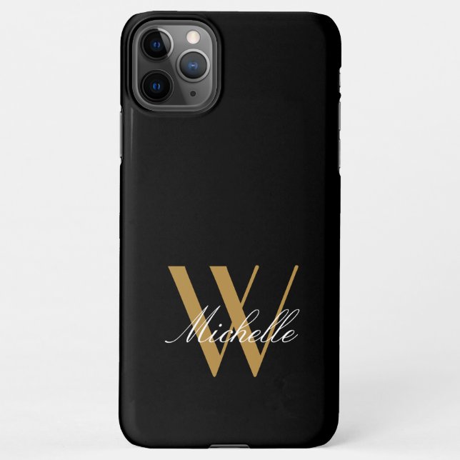 Elegant Monogram Black Gold Name Script iPhone Case (Back)