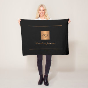 Elegant monogram black gold name script modern fleece blanket