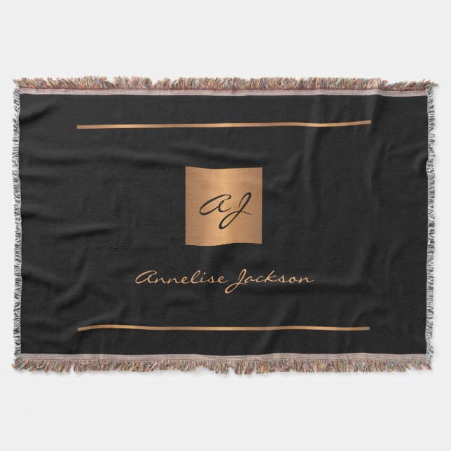 Elegant monogram black gold name script modern throw blanket (Front)