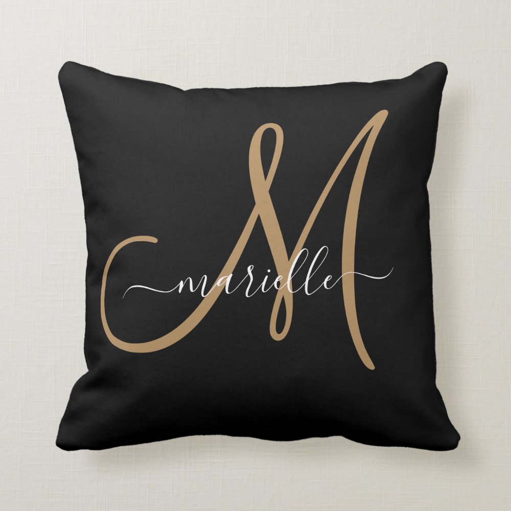 Elegant Monogram Black Gold Name Throw Pillow