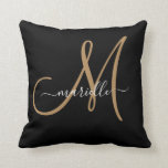 Elegant Monogram Black Gold Name  Throw Pillow<br><div class="desc">Personalized throw pillow featuring a gold script initial,  and white script name. A trending modern minimalist typography style. Click on "customize further to use our simple design tool to choose a different initial or name font.</div>