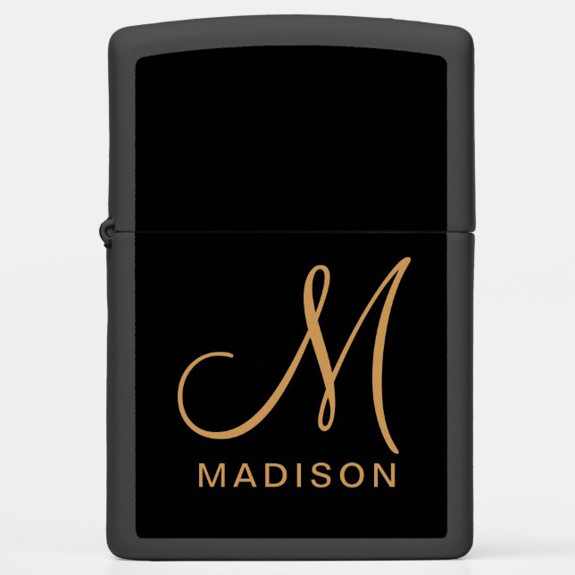 Elegant Monogram Black Gold Name Zippo Lighter (Front)