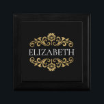 Elegant Monogram black Gold Office School Gift Box<br><div class="desc">An elegant black and gold flourish gift box. Add your name between the gold floral flourish on the front. Designed for you by Blackberry Boulevard.</div>