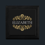 Elegant Monogram black Gold Office School Gift Box<br><div class="desc">An elegant black and gold flourish gift box. Add your name between the gold floral flourish on the front. Designed for you by Blackberry Boulevard.</div>