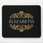 Elegant Monogram black Gold Office School Mouse Pad<br><div class="desc">An elegant black and gold flourish mousepad for your office or back to school. Add your name between the gold floral flourish on the front. Designed for you by Blackberry Boulevard.</div>
